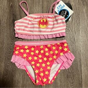 Future Batgirl 2 Piece Baby Girl Bathing Swimsuit 12 Months - Pink & Yellow NEW